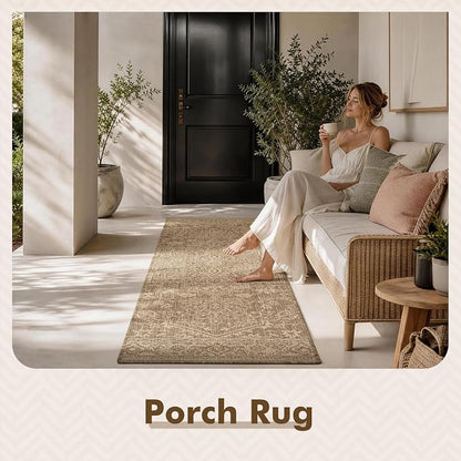 MontVoo-2x8 ft Indoor Outdoor Runner Rugs for Entryway Porch Hallway Kitchen Door Entrance Long, Textured Weave Polypropylene, Durable for High Traffic, Fade-Resistant, Vintage Medallion Neutral Brown