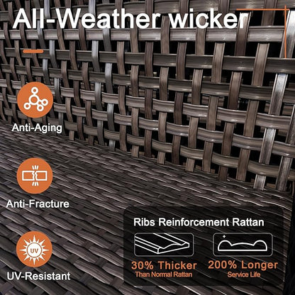 14-Piece Outdoor Patio Furniture Set, Wicker Conversation Set with Armchairs and Ottomans, Rattan Sectional Modular Sofa Couches for Porch, Poolside, Deck, Balcony, Backyard, Yard (Blue Cushions)