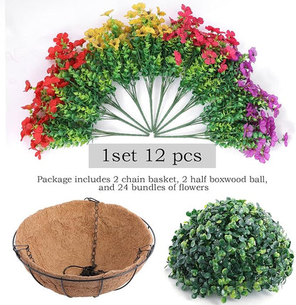 Hananona 2 Set Artificial Outdoor Flowers with Hanging Basket, 2 Hanging Planters with 24 Pcs Flowers for Spring Summer Front Porch Garden Patio Home Decor (2, Red, Purple, Yellow, Rose Red)