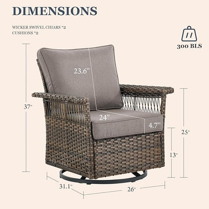 Patio Furniture Set 2 Wicker Swivel Glider Chairs Sofa with PE Rattan Coffee Table Brown Wicker Grey Cushions Patio Conversation Set 4pcs for Garden Balcony Sunroom Backyard