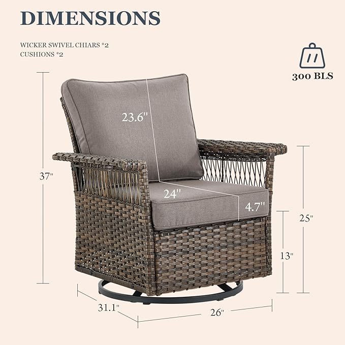 Patio Furniture Set 2 Wicker Swivel Glider Chairs 2 PE Rattan Ottomans with Grey Cushions Patio PE Rattan Sofa Coffee Table Brown Wicker Patio Conversation Set 6pcs for Patio