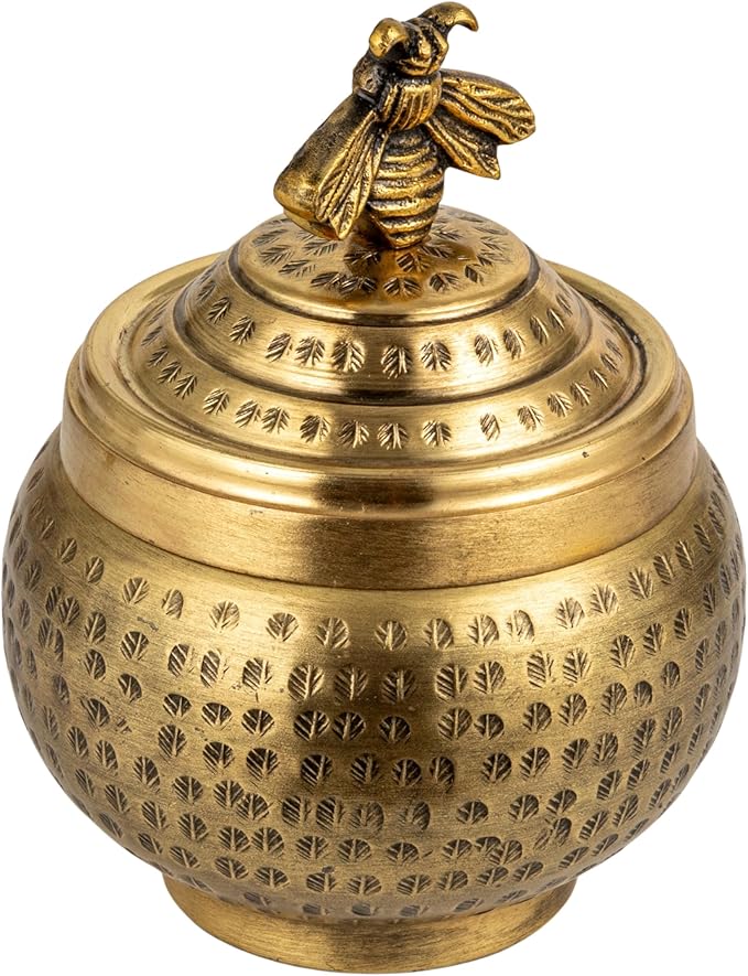 Creative Co-Op Round Hammered Metal Container with Bee Finial, Brass Finish
