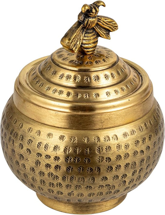 Creative Co-Op Round Hammered Metal Container with Bee Finial, Brass Finish