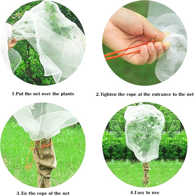 4 Pack Garden Neting Plant Insect Bird Barrier Mesh with Drawstring 4Ft x 4.6Ft Mesh Plant Covers Freeze Protection Tomato Barrier Bag for Garden Flower Blueberry Vegetables Fruits Bird Eating