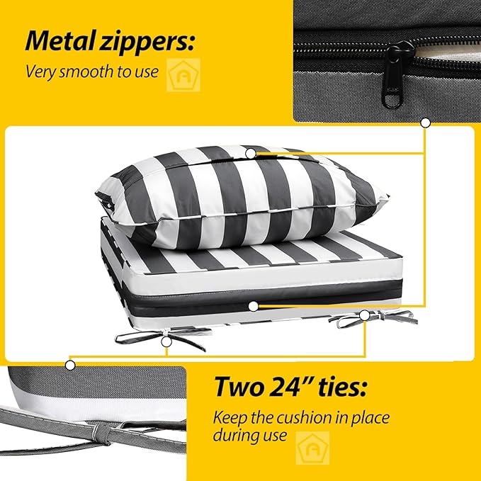 AAAAAcessories Outdoor Seat Cushions for Chairs, Fade-Resistant, Waterproof Patio Furniture Replacement Cushions, 24" x 24" x 5" + 24" x 19", Gray Cabana Stripe