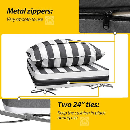 AAAAAcessories Outdoor Seat Cushions for Chairs, Fade-Resistant, Waterproof Patio Furniture Replacement Cushions, 24" x 24" x 5" + 24" x 19", Gray Cabana Stripe