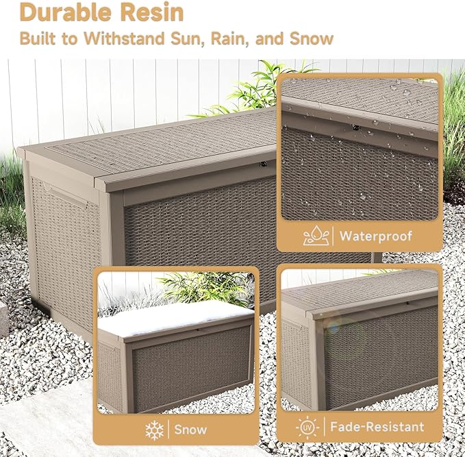 260 Gallon Deck Box, Waterproof Resin Outdoor Storage Box Lockable for Patio Furniture, Fade Resistant Patio Side Table & Organizer for Garden Tools, Pool Float, Outdoor Cushions, Light Coffee