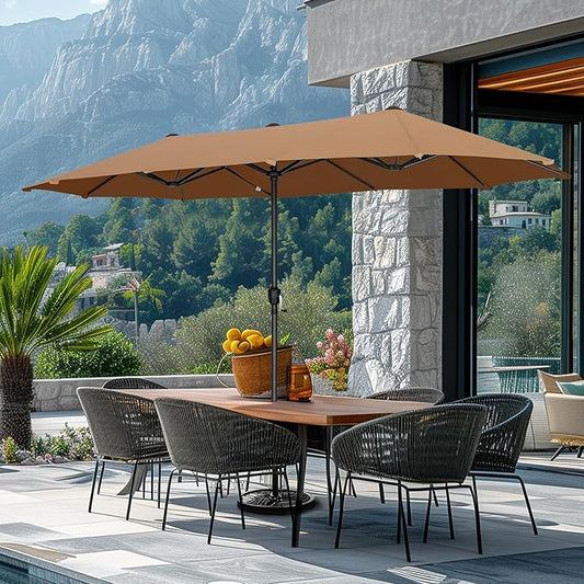 GREEN PARTY 13ft Rectangle Patio Umbrella, Double Sided Outdoor Table Umbrella with Crank & 1.5" Pole, Large Market Umbrella for Poolside Garden Deck Backyard, Tawny