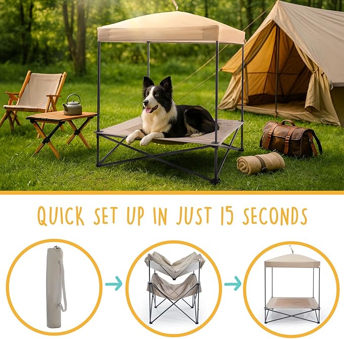 Piper Pop-Up Canopy Cot - Large Foldable Elevated Dog Bed with Waterproof Shade, Cooling Mesh, Heavy Duty up to 110 lbs, Perfect for Camping and Home, Tan, 35"x 35"
