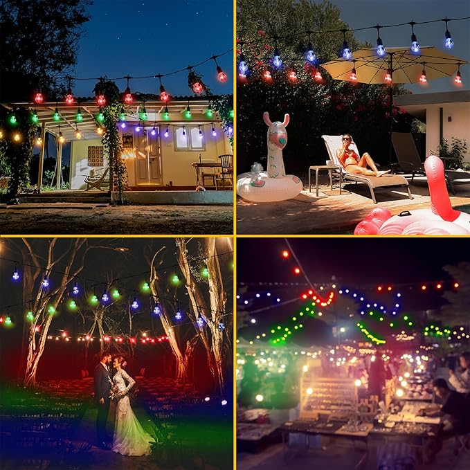 Auroraworld 48FT Solar RGB Outdoor String Lights, Dimmable Waterproof LED Patio Lights with Remote, 15 Shatterproof Edison Bulbs for Cafe Yard Garden Party Decor