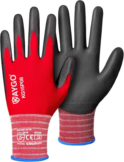 KAYGO Work Gloves PU Coated-12 Pairs, KG15P,Nylon Lite Polyurethane Safety Work Gloves, Gray Polyurethane Coated, Knit Wrist Cuff,Ideal for Light Duty Work (Medium, Red)