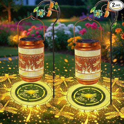 2 Pack Dragonfly Solar Lanterns Outdoor Waterproof Solar Garden Decor, Birthday Gifts for Mothers Day Women Mom Grandma, Metal Hanging Lights with Shepherd Hook for Outside Yard Patio Pathway Porch