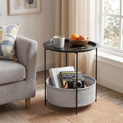 VECELO Round Side/End Table with Fabric Storage Basket，Metal Anti-Rust and Waterproof Small Bedside Nightstand with Removable Tray Top for Living Room，Balcony & Laundry，Black /1pcs with Basket