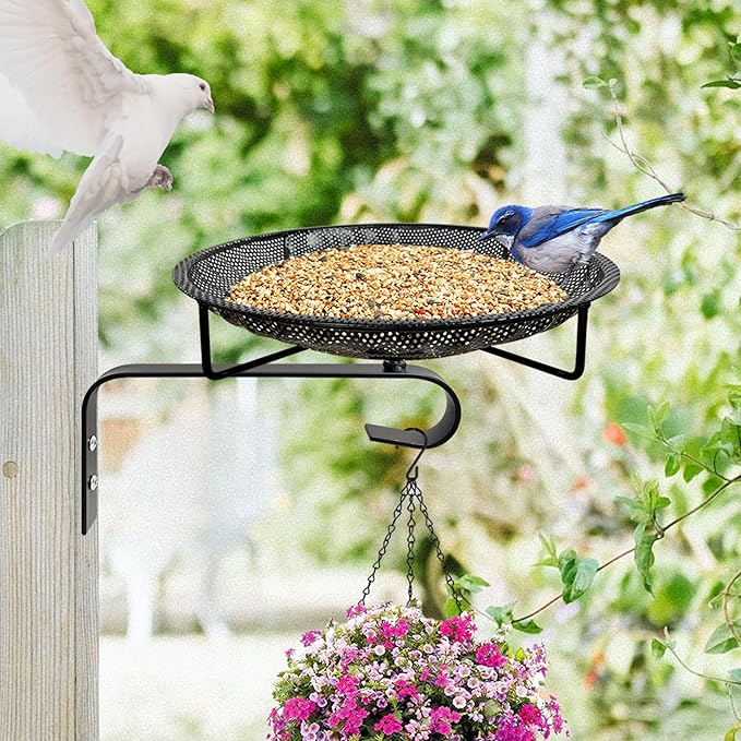 CQAIRIOU Wall Mounted Bird Feeder Tray,11.8" Stainless Steel Large Fence Tree Mount Birds Feeder for Outside Wild Birds, Table Mountable Platform Bird Feeder Mesh Seed Tray with Hanging Hook