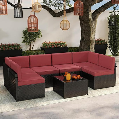 Kinsuite 7Pcs Patio Conversation Set - Wicker Backyard Furniture Outdoor Furniture with Cushions, All-Weather Couch Set with Coffee Table for Garden, Lawn, Deck, Red