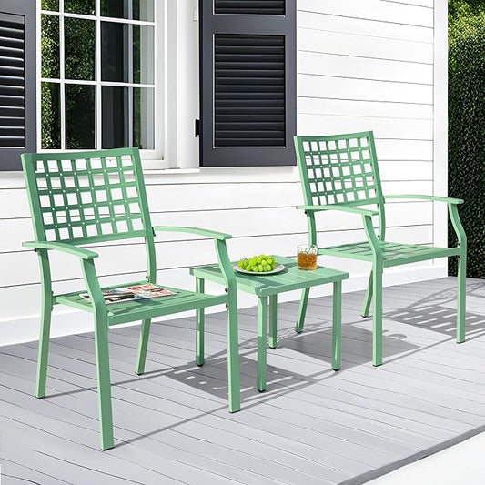 NUU GARDEN 3 Pieces Outdoor Bistro Set, All-Weather Patio Furniture with 2 Metal Stackable Chairs and Square Table, Waterproof Set for Balcony, Porch, Garden, Deck, Green