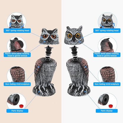 Hedoc 2 Pack Fake Owl Decoys to Scare Birds Away, Rotating Head Bird Deterrents, Nature Enemy Scarecrow Plastic Statues, Pest Repellent for Gardens and Patios