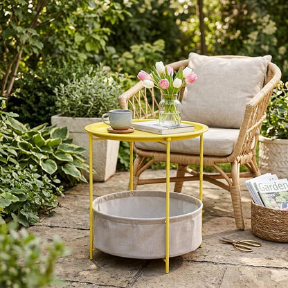 VECELO Round Side/End Table with Fabric Storage Basket，Metal Anti-Rust and Waterproof Small Bedside Nightstand with Removable Tray Top for Living Room，Balcony & Laundry，Yellow /1pcs with Basket