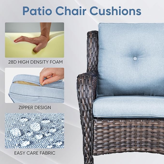 Outdoor Wicker Chair Cushions 2 Packs - Outside High Back Thick Water-Resistant Cushion 22x24 with Zipper Cover for Patio Glider Rocking Chairs Loveseat Couch – Baby Blue/Buckle