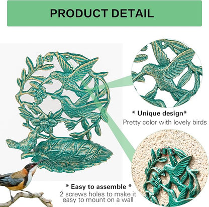 Sungmor Cast Iron Wall Mounted Bird Feeder, Cute Hummingbird Decor Small Water Bath, Wall Hanging Fence Bird Bath Feeder, Beautiful Green Birdfeeder for Garden Backyard Patio Wall Decoration