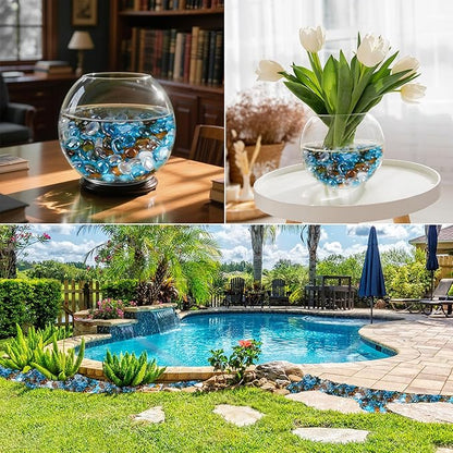 Skyflame 10-Pound Blended Fire Glass Beads for Fire Pit Fireplace Landscaping, 1/2-Inch High Luster Caribbean Blue, Crystal Ice, Caramel