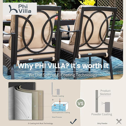 PHI VILLA Patio Chairs Set of 2, Heavy Duty Outdoor Metal Wicker Dining Chair with Thick Cushions, Large All Weather Wrought Iron Deck Chair for Outisde, Porch Backyard, Support 300lbs