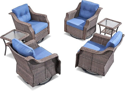 Outdoor Wicker Glider Rocker Set of 2, All Weather PE Rattan Swivel Rocking Chair with Side Table for Yard, Balcony, Deck, Porch (Blue, 6PC-Swivel Gliders & Side Table)