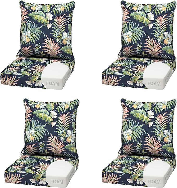 Arden Outdoor Foam Deep Seat Cushion (4-Pack), 22x24, Premium High-Density Foam, Never Flattens, Weather-Proof for Patio Chair Sofa Couch, Simone Blue Tropical