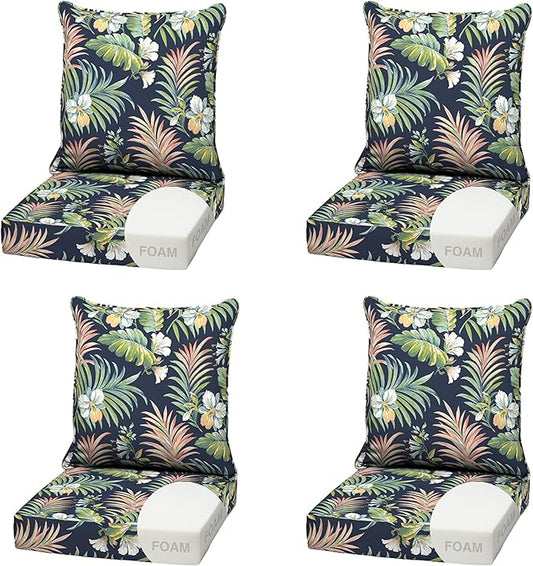 Arden Outdoor Foam Deep Seat Cushion (4-Pack), 22x24, Premium High-Density Foam, Never Flattens, Weather-Proof for Patio Chair Sofa Couch, Simone Blue Tropical