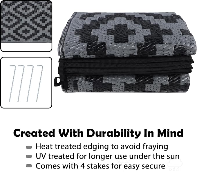 SAND MINE Waterproof Outdoor Rug, Plastic Reversible Rug, Modern Area Rug, Large Floor Mat for Outdoors, RV, Patio, Backyard, Deck, Picnic, Beach, Camping (8' x 8', Black Grey Lattice)