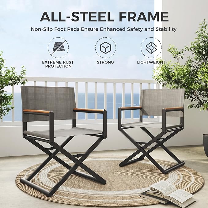 Grand patio Extra-Wide 6-Pack Directors Chairs, Folding Dining Chair Set of 6 with Sling, Woodgrain Armrests, Outdoor, Gray