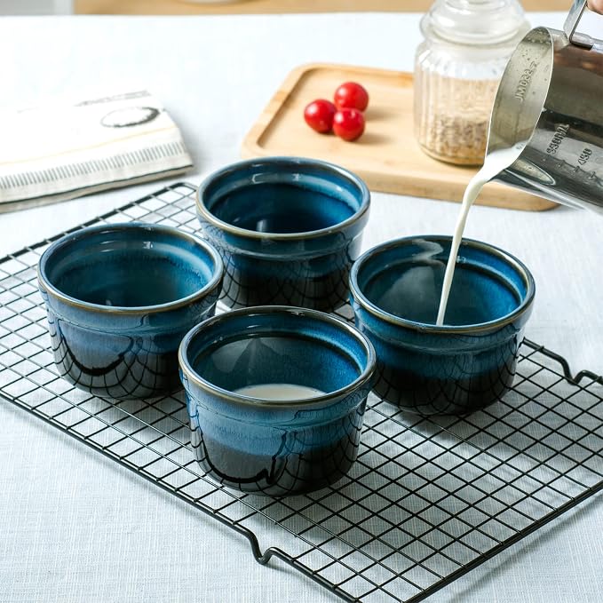 Ceramic Ramekins, 8 oz Creme Brulee Baking Cups, Set of 4, Dark Blue | Reactive Glaze Finish, Oven Safe, Ideal for Souffle, Custard, Pudding, Dips, Ice Cream & Appetizers