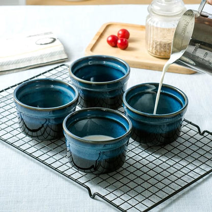 Ceramic Ramekins, 8 oz Creme Brulee Baking Cups, Set of 4, Dark Blue | Reactive Glaze Finish, Oven Safe, Ideal for Souffle, Custard, Pudding, Dips, Ice Cream & Appetizers