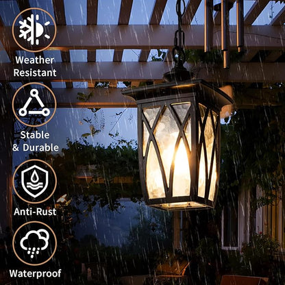 15'' Outdoor Pendant Light Fixture, Exterior Hanging Lantern, Modern Black Metal Outside Chandelier Light Fixture Ceiling Mount with Water Ripple Glass & Adjustable Chain for Porch, Gazebo, Front Door