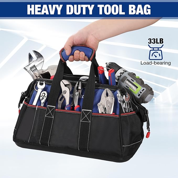 WORKPRO 16-inch Wide Mouth Tool Bag, Heavy Duty Cloth Tool Storage Bag with Water Proof Molded Base, Adjustable Shoulder Strap