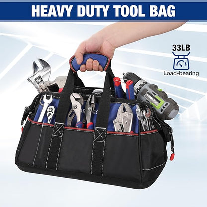 WORKPRO 16-inch Wide Mouth Tool Bag, Heavy Duty Cloth Tool Storage Bag with Water Proof Molded Base, Adjustable Shoulder Strap