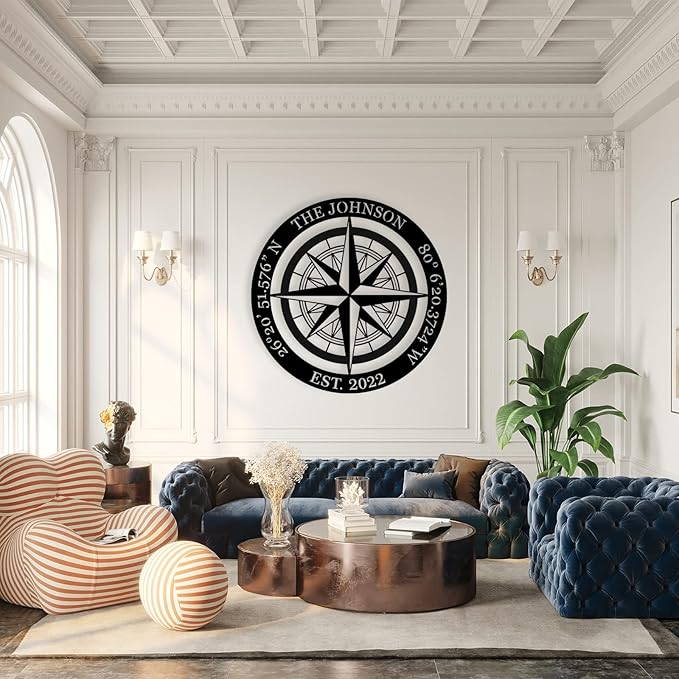 Nautical Wall Decor, Nautical Compass GPS Coordinates Metal Sign with Last Name Date, Metal Compass Decor, Personalized Outdoor Family Name Sign, Housewarming Gift