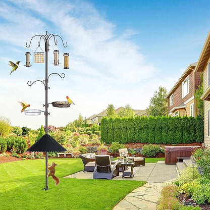 Bird Feeding Station Kit, 94 Inch, 6-Hook, with Squirrel Baffle, Metal Birds Feeder Stand Pole with Bird Bath and Mesh Tray, Freestanding 5-Prong Base