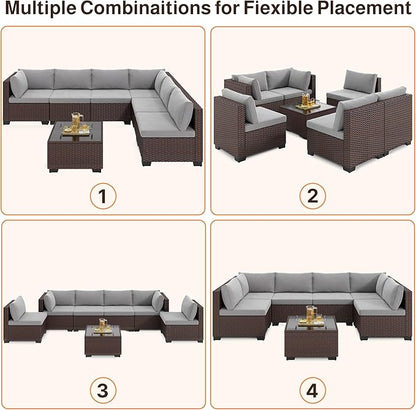 Ahomly 7-Piece Patio Furniture Set, Outdoor Sectional Couch with Water-Resistant Cushions & Coffee Table, PE Rattan Outdoor Patio Sofa Set for Backyard, Deck, Garden, or Porch, Grey