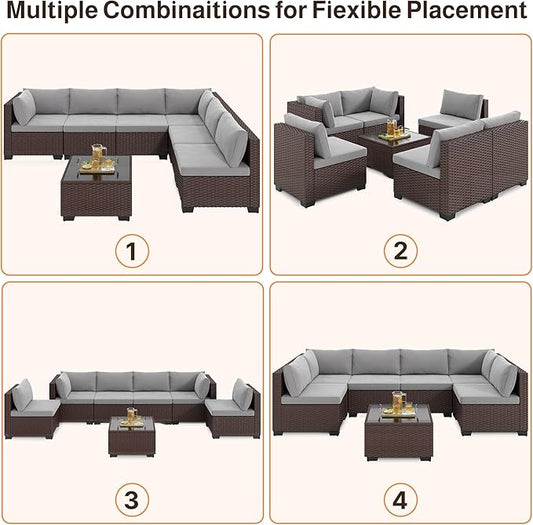 Ahomly 7-Piece Patio Furniture Set, Outdoor Sectional Couch with Water-Resistant Cushions & Coffee Table, PE Rattan Outdoor Patio Sofa Set for Backyard, Deck, Garden, or Porch, Grey