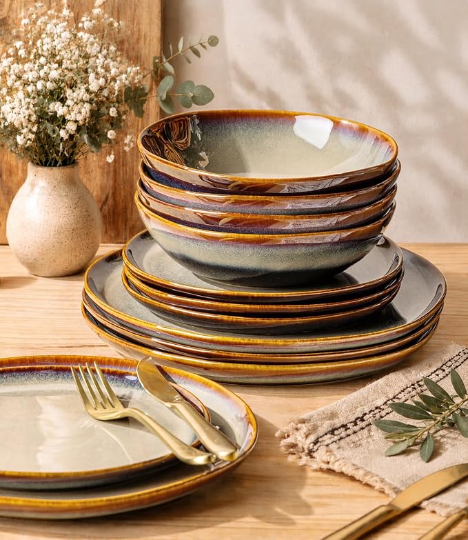 TheTerra Ceramic Dinnerware Sets for 4, 12 Pieces Porcelain Lightweight Plates and Bowls Sets, Scratch Resistant Dish Set, Oven & Microwave & Dishwasher Safe, Coca Mocha