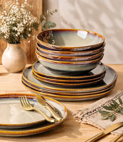 TheTerra Ceramic Dinnerware Sets for 4, 12 Pieces Porcelain Lightweight Plates and Bowls Sets, Scratch Resistant Dish Set, Oven & Microwave & Dishwasher Safe, Coca Mocha
