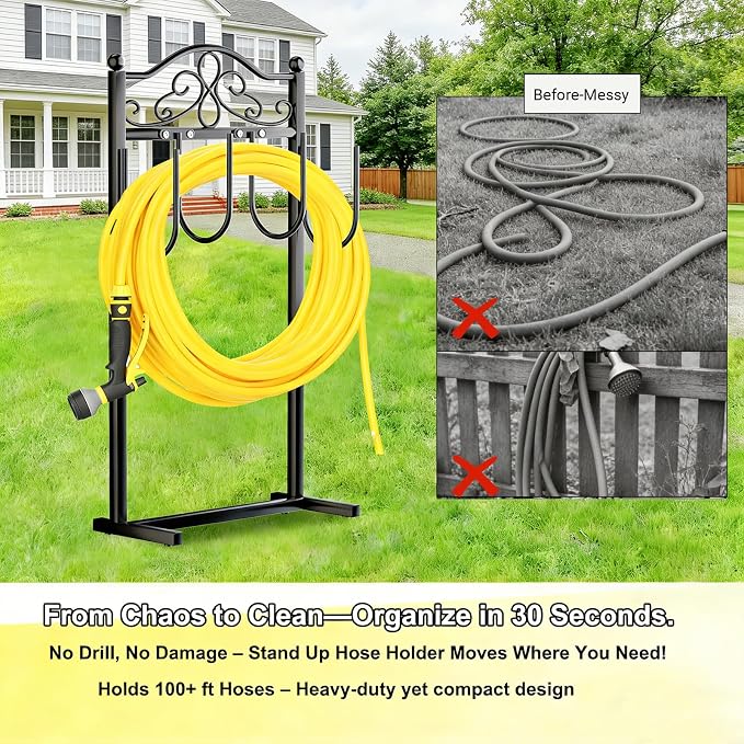 2 Pack Upgraded Garden Hose Holder - Heavy Duty Freestanding Metal Hose Holder with 4 Stabilizing Spikes, Sturdy Hose Hanger up to 100ft Hose for Yard, Lawn & Outdoor Garden (Black)