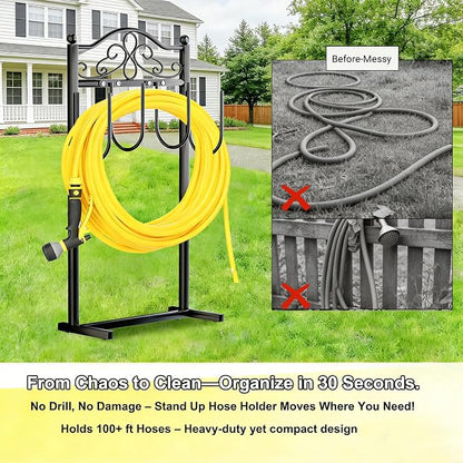 2 Pack Upgraded Garden Hose Holder - Heavy Duty Freestanding Metal Hose Holder with 4 Stabilizing Spikes, Sturdy Hose Hanger up to 100ft Hose for Yard, Lawn & Outdoor Garden (Black)