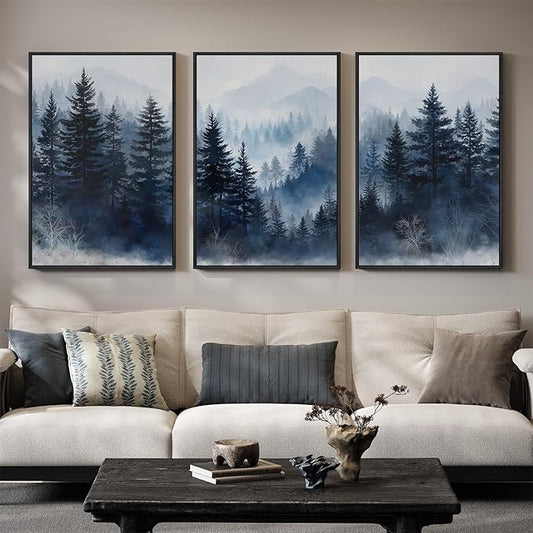 Framed Blue Forest Mountain Wall Art for Living Room, Misty Pine Tree Nature Landscape Canvas Artwork for Walls, Neutral Foggy Forest Scenic Painting Prints for Bedroom Office Wall Decor, 24x36 Inch