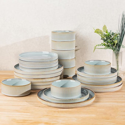 TheTerra Ceramic Dinnerware Sets for 8, 24 Pieces Porcelain Lightweight Plates and Bowls Sets, Scratch Resistant Dish Set, Oven & Microwave & Dishwasher Safe,Mist Blue