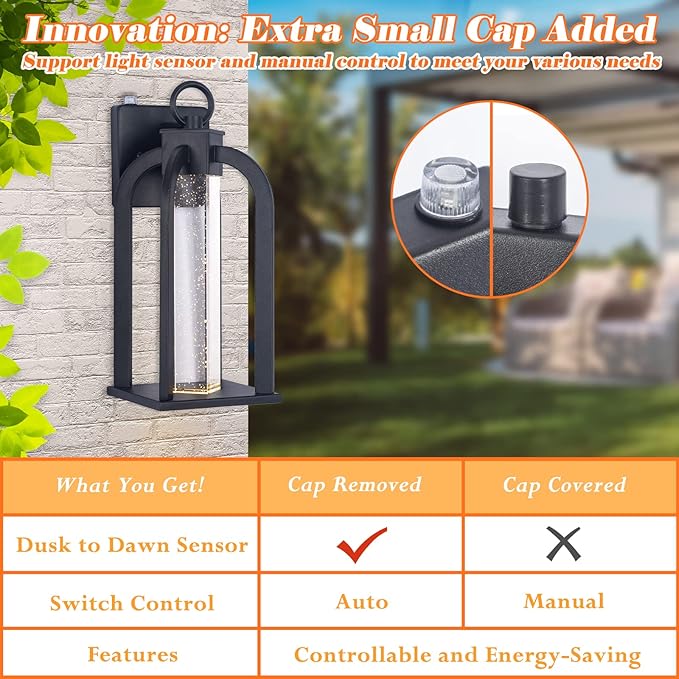 Dusk to Dawn LED Outdoor Wall Light, 14" Black Wall Lantern with Crystal Bubble Glass, Exterior Light Fixture with Photocell Sensor, IP65 Waterproof Anti Rust Outdoor Lighting for House, Garage, Porch