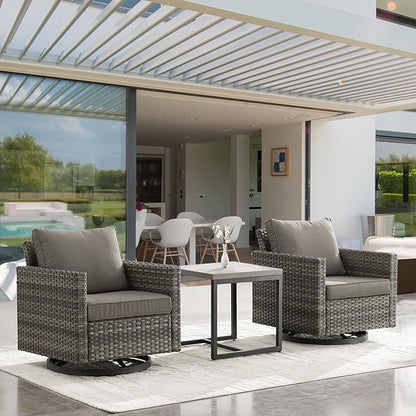 Outdoor Patio Swivel Rocker Chairs - 3 Piece Wicker Patio Furniture Bistro Swivel Rocking Chairs Set with Comfortable Cushions,Sturdy Metal Frame and Side Table for Porch Deck(Mixed Grey/Grey)