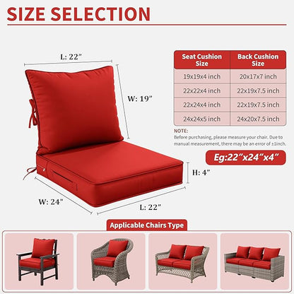 Premium Outdoor Seat Cushion Chair Cushions for Patio Furniture 22 L X 24 W X 4 H Waterproof & Fade Resistant Deep Seat and Backrest Cushion Set with Removable Covers for Chair, Sofa