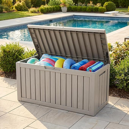 80 Gallon Deck Box, Waterproof Resin Outdoor Storage Box Lockable for Patio Furniture, Fade Resistant Patio Side Table & Organizer for Garden Tools, Pool Floats, Outdoor Cushions, Light Coffee